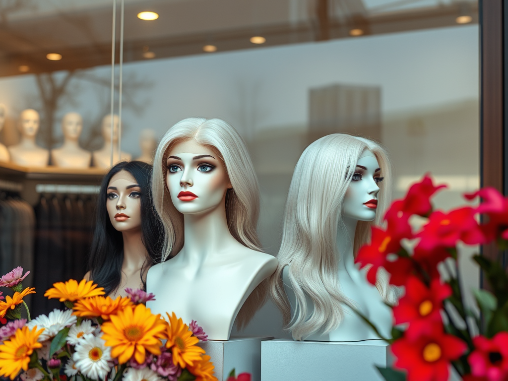 high end wig store window with human hair wigs on mannequin heads