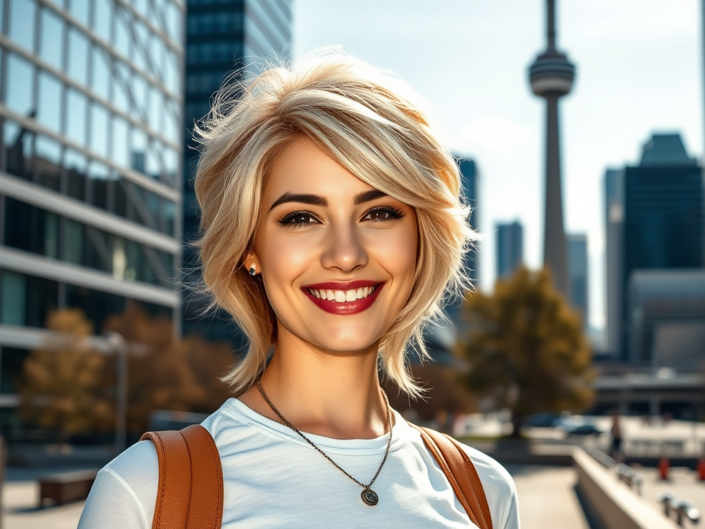 stylish women in a short blonde wig