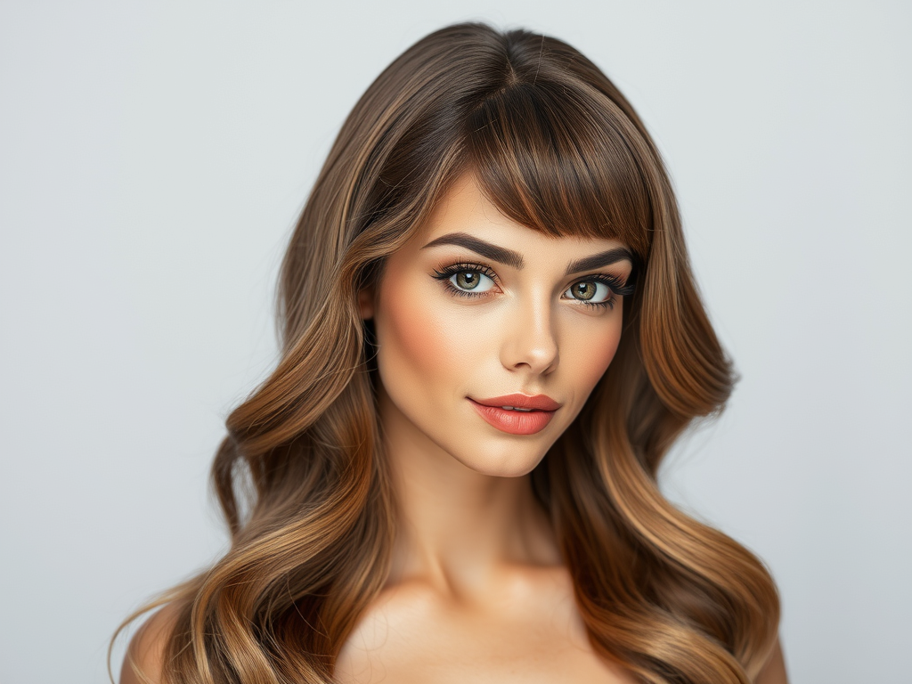 beautiful woman wearing natural looking human hair wig with soft waves, realistic hairline, studio lighting, beauty photography, high detail, natural makeup