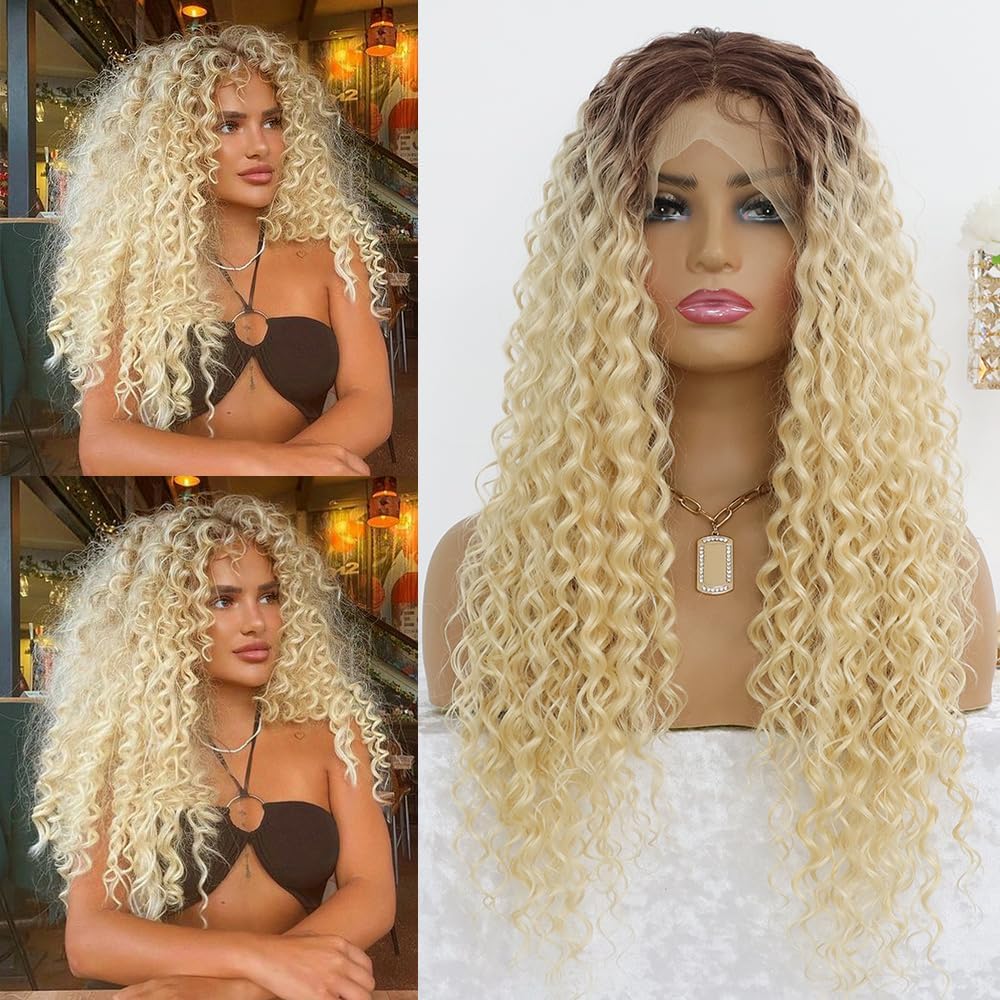 long blonde curly wig with lace front