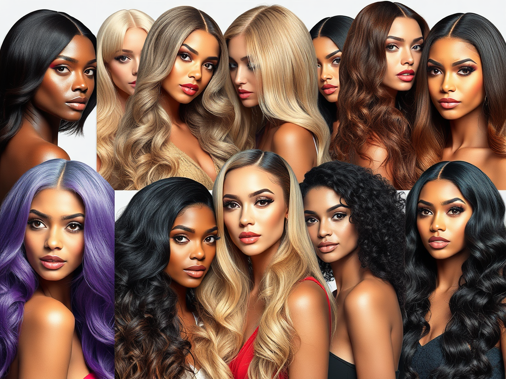 variety of wigs displayed including human hair wigs lace front wigs and hair toppers on beautiful models, diverse hair colours and styles