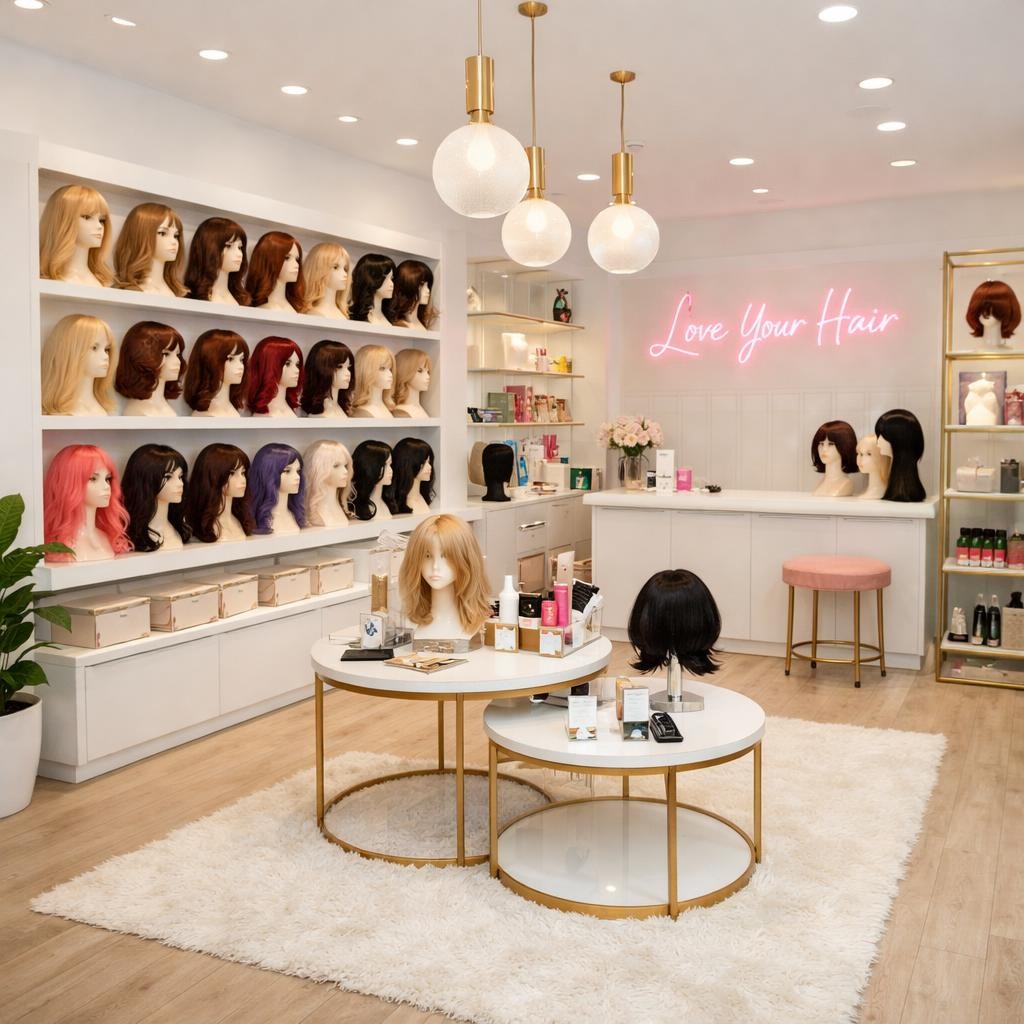 Multiple wig styles displayed on mannequin heads in a bright, stylish wig store