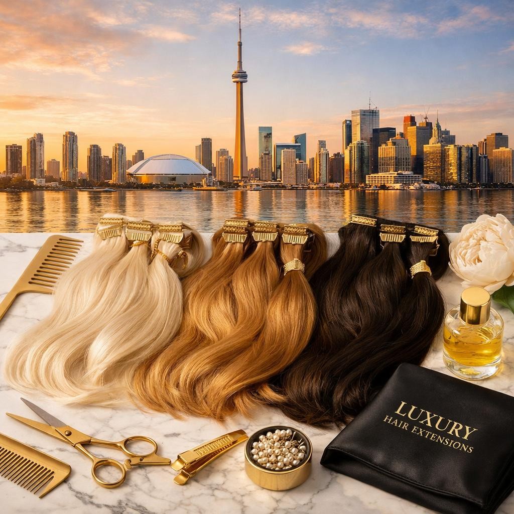 Set of blonde, red, and black hair extensions with combs, scissors, pearls, and perfume in front of Toronto skyline