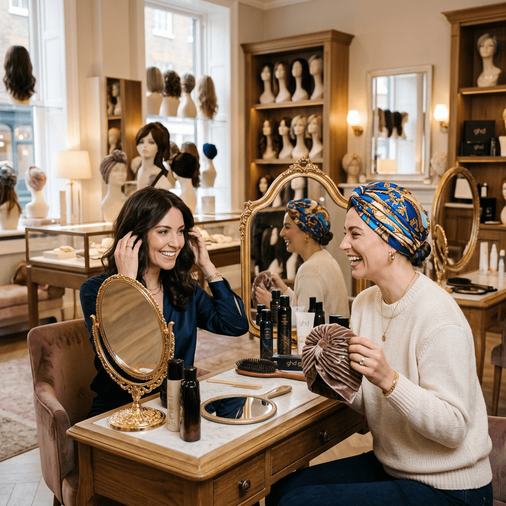Two women sitting at a Canadian salon table with wigs and hair products at Hair and Beauty Canada wig store.