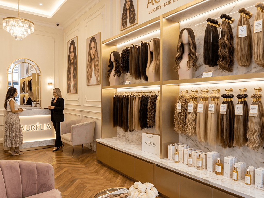 Boutique interior with hair extensions displayed on shelves and a consultation between two women