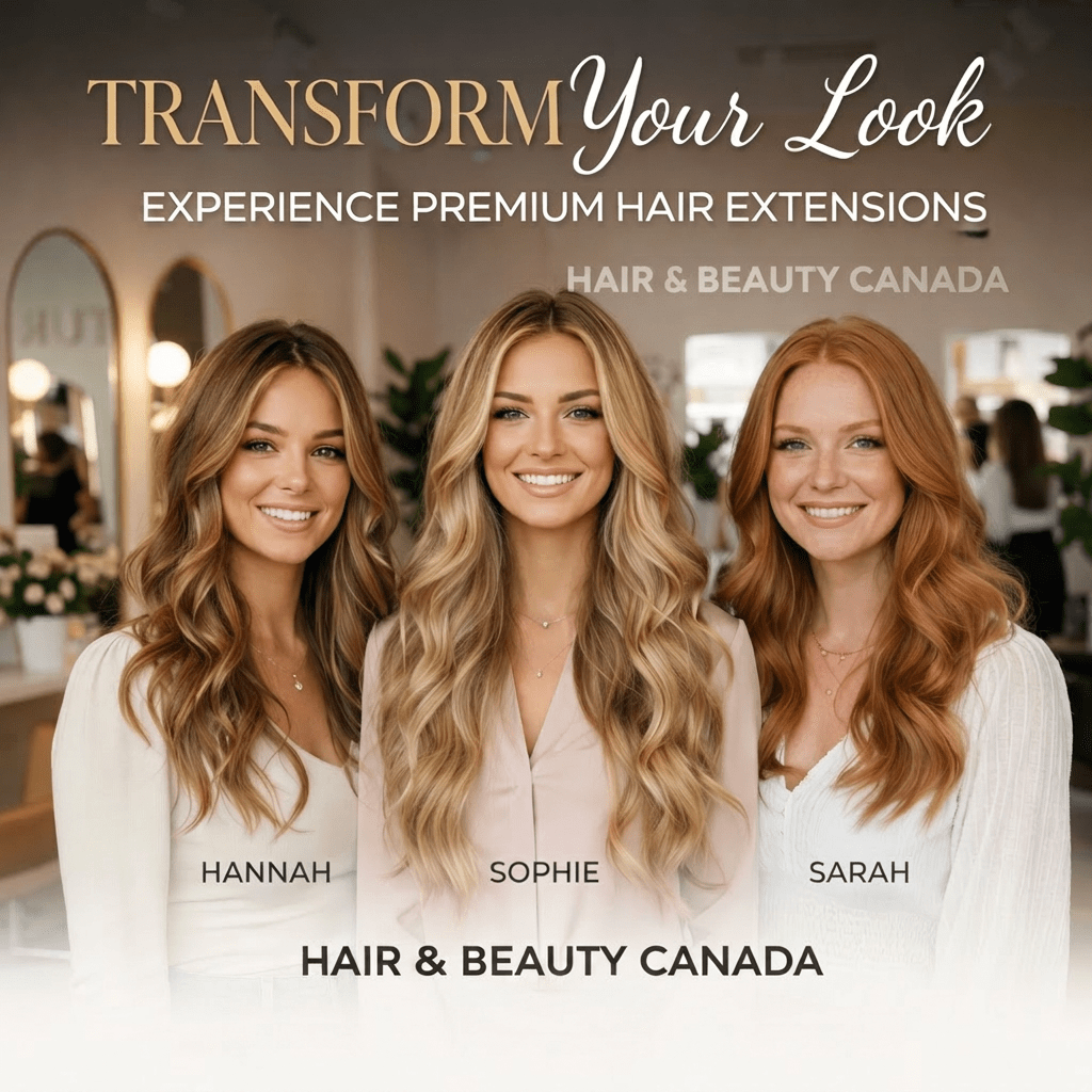 Three smiling women with long wavy hair extensions labeled Hannah, Sophie, and Sarah