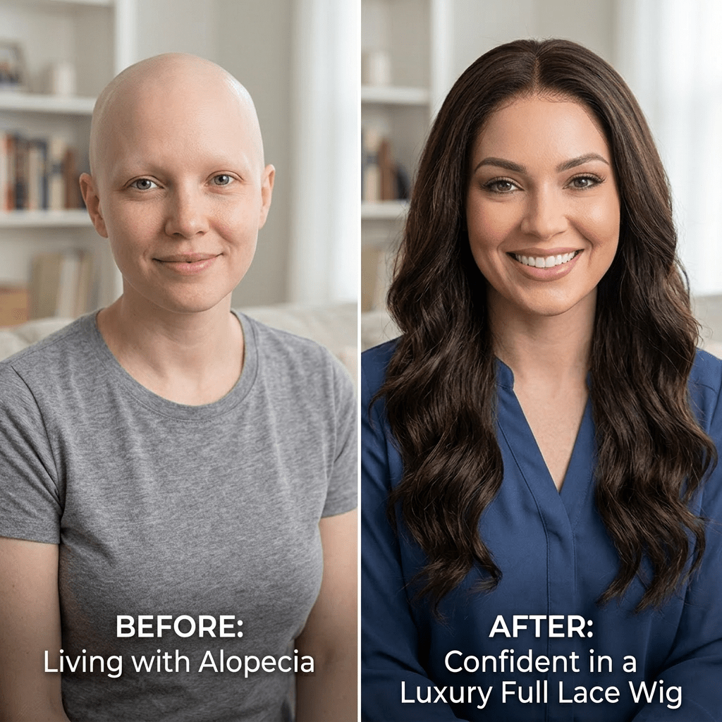 Side-by-side comparison of a woman before and after wearing a full lace wig