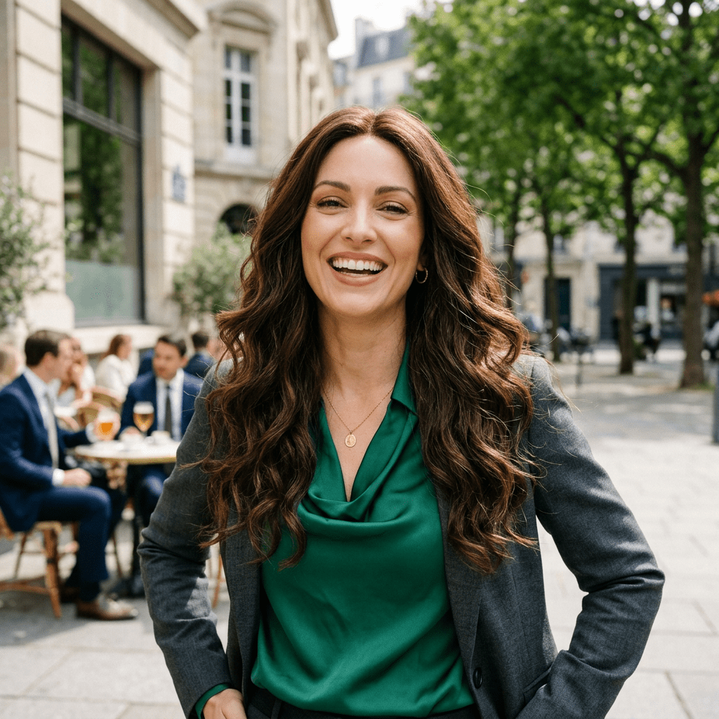 Happy confident woman wearing long luxury wig