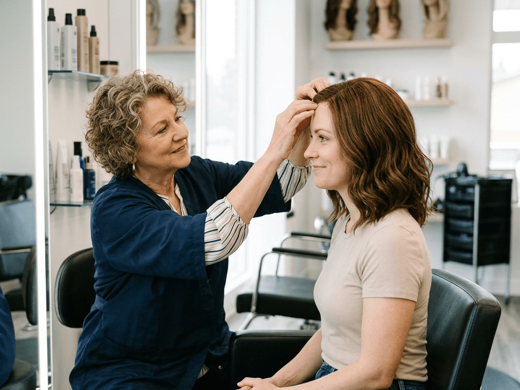 Stylist fitting a wig on a woman in a hair salon