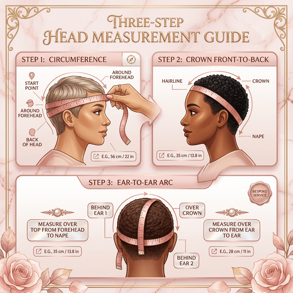 Diagram showing three steps to measure head: circumference around forehead and back, crown front-to-back from hairline to nape, ear-to-ear arc over crown