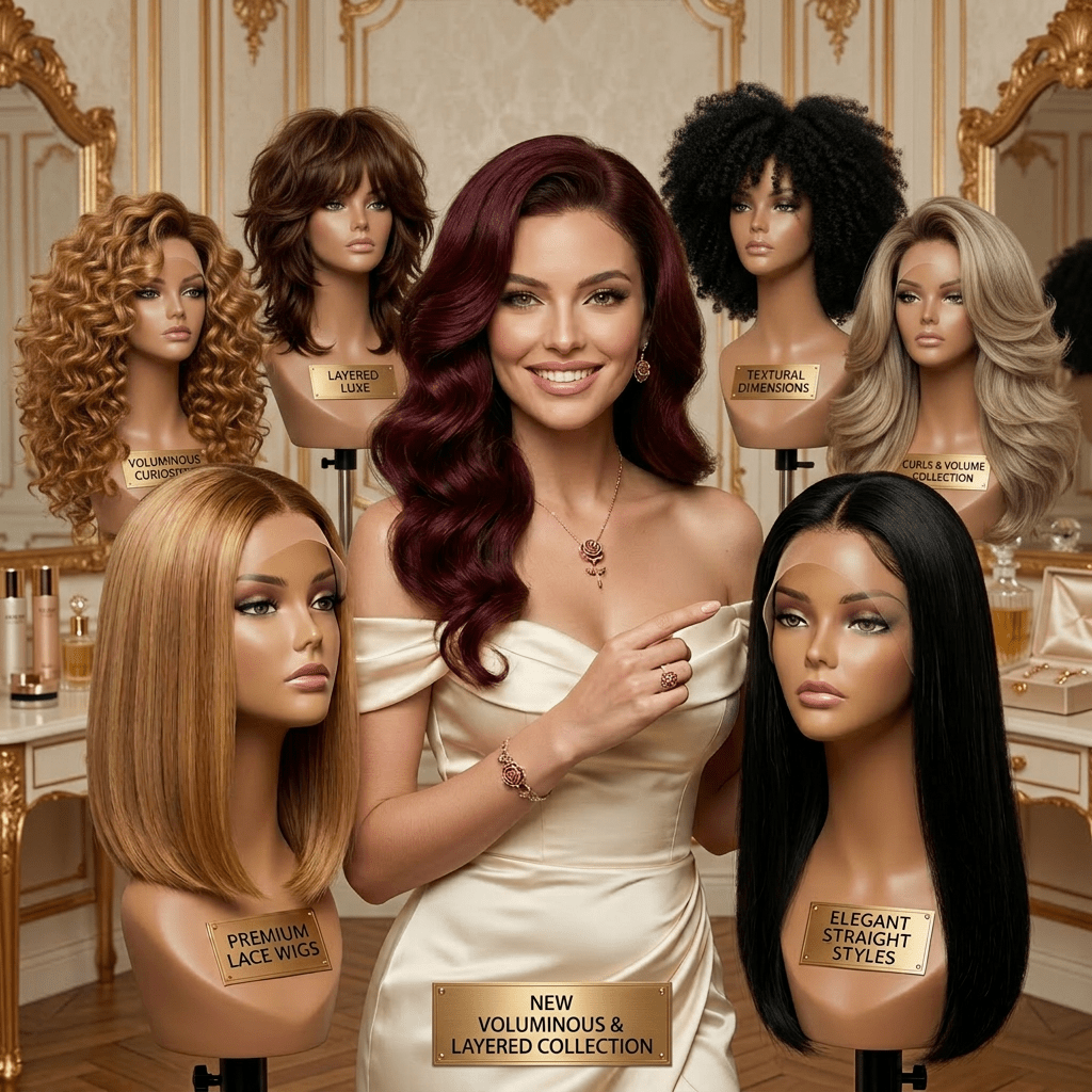 Add layered, voluminous natural human hair wigs on mannequins