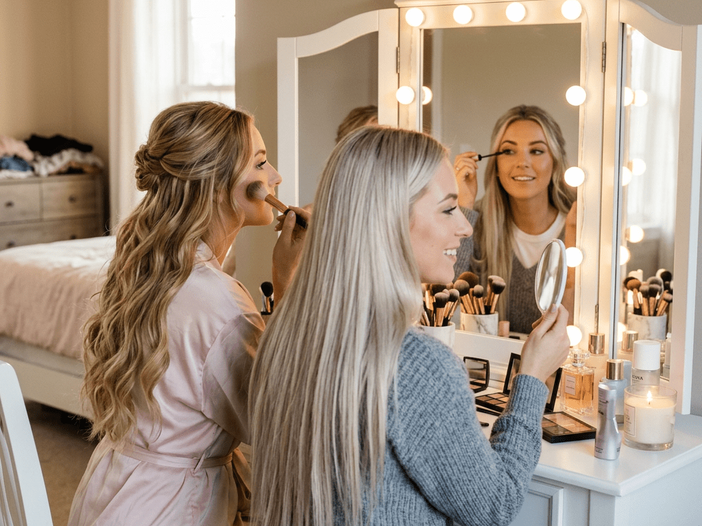 Two women at vanity with blonde extensions